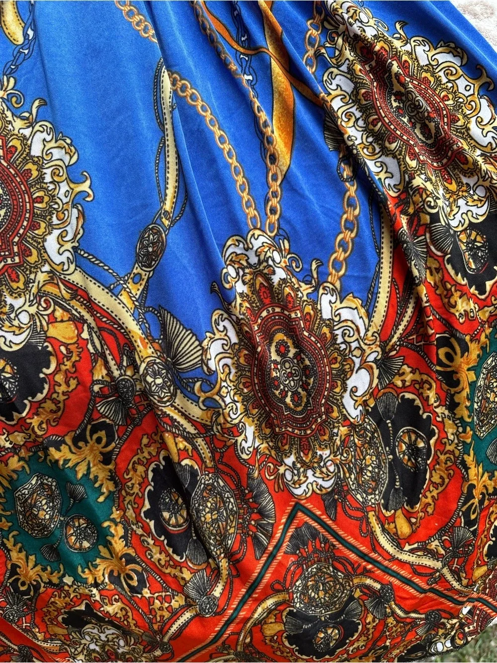 NWT Summer Midi Dress Blue Boho Paisley with Gold Chain Print XS-Large
